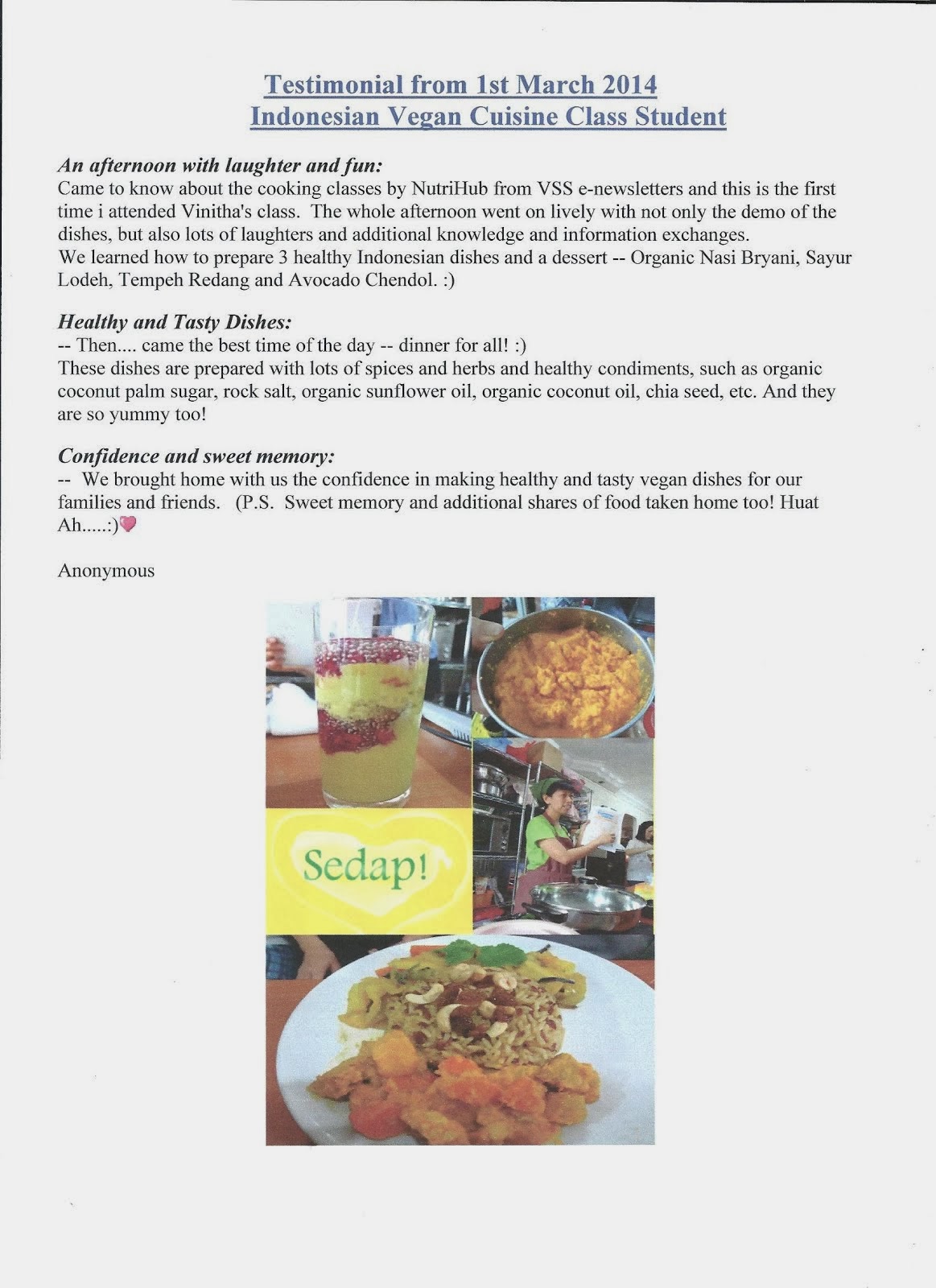 Sedap ! Photos and Testimonial from Indonesian Vegan Cuisine class Student