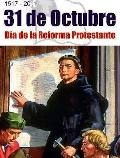 Martín Lutero clavando las 95 tesis en la Iglesia de Wittemberg en Alemania