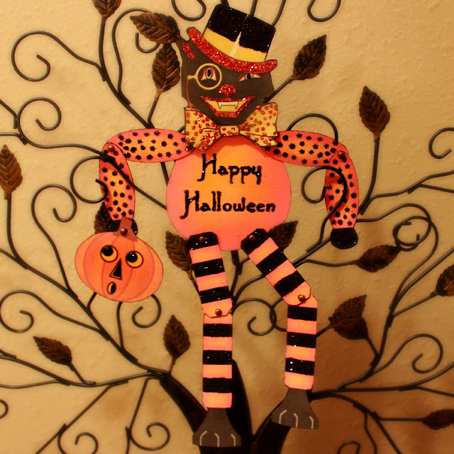 primitive Halloween, Vintage Halloween Jointed Doll, Beistle, primitive, Halloween paper craft, glitter