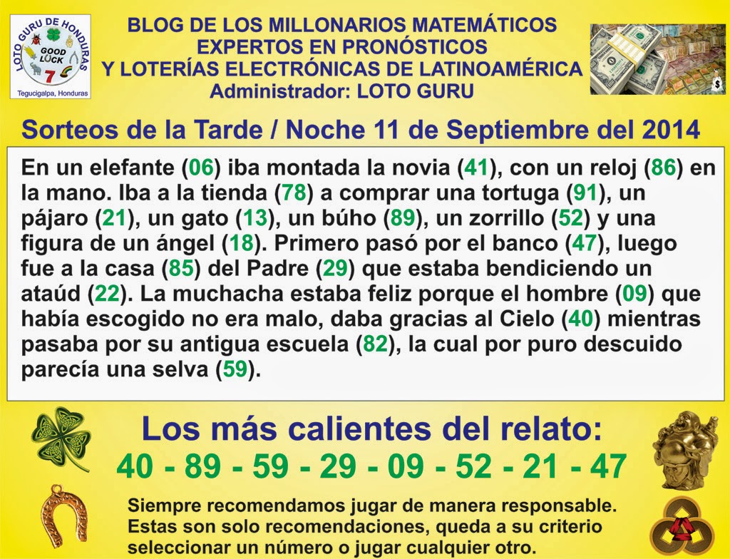 Loto Guru De Honduras Millonarios Expertos En Pronosticos Y Loterias 11 De Septiembre Del 2014 Sorteos Tarde Noche