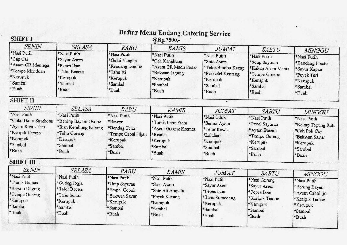 Endang Catering Service Daftar Menu