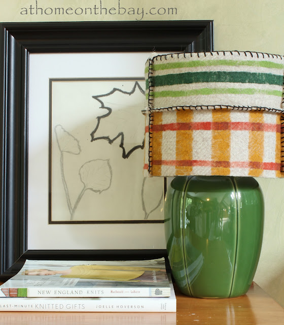 Wool blanket styled lampshade, hand painted by At Home on the Bay, via I Love That Junk