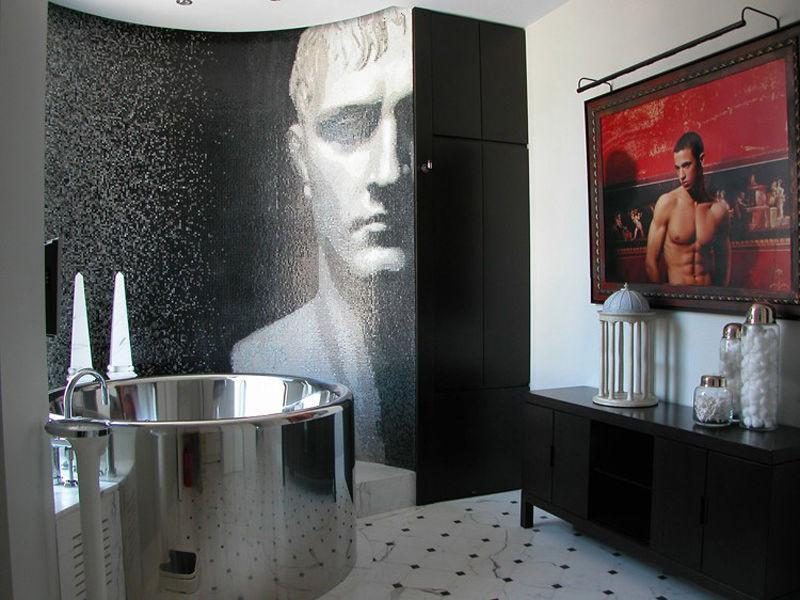 Photo of modern bathroom with huge black and white painting in the shower cabin