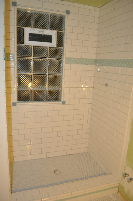 bathroom, reno, subway tile, sea glass tile, glass tile, white grout, grout, glass block window, 