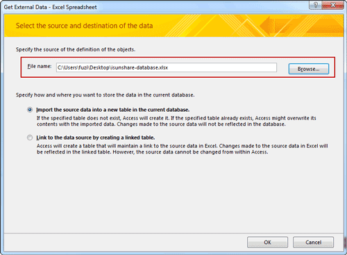 specify file location specify external data location