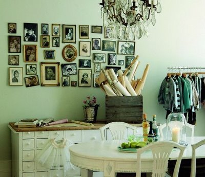 photo frames, white furniture, chandelier, kitchen table, buffet