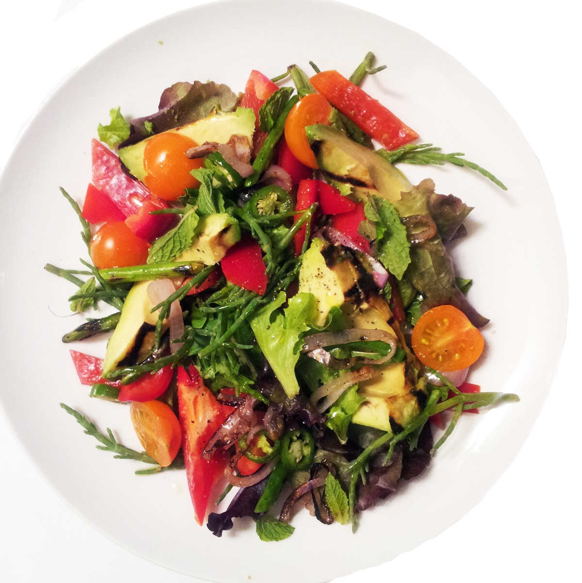 A Profound Hatred of Meat Grilled Avocado Salad with Garlic Scapes