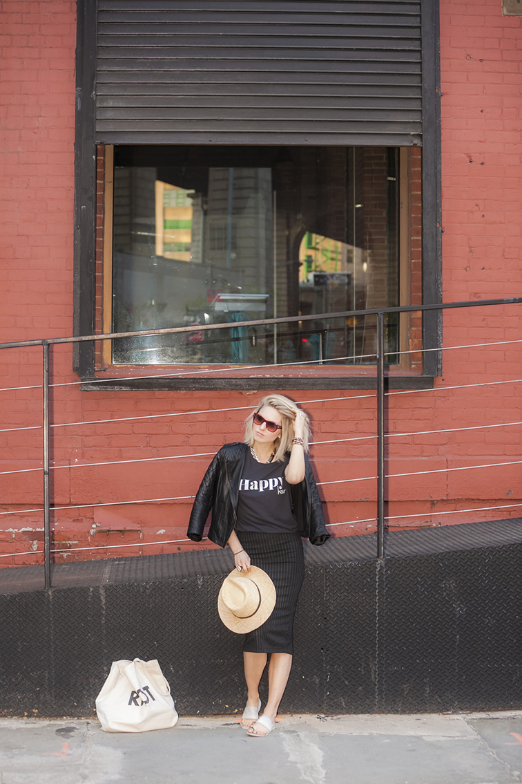 Brooklyn, New York, pinstripes & leather, straw hat, Vince sandals