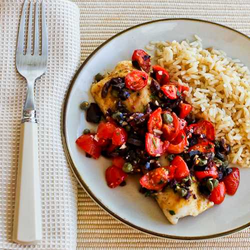 Hake Loins Baked with Tomato, Kalamata Olive, and Caper Salsa Kalyn's
