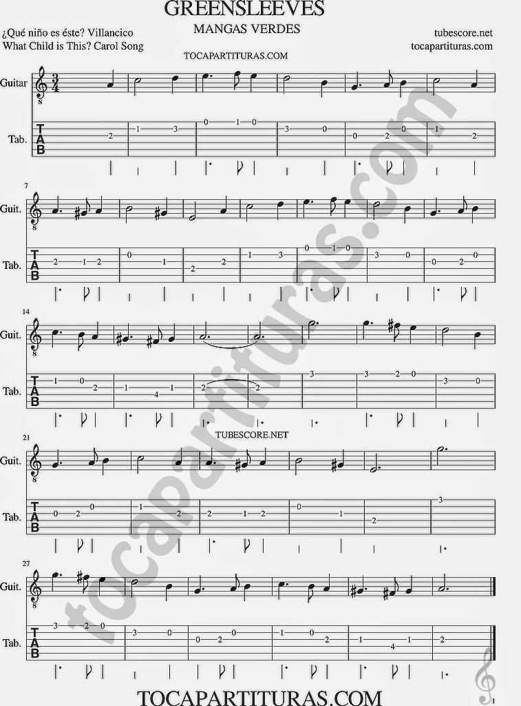 Tubescore Greensleeves Tab Sheet Music for Guitar What Child is this Christmas Carol