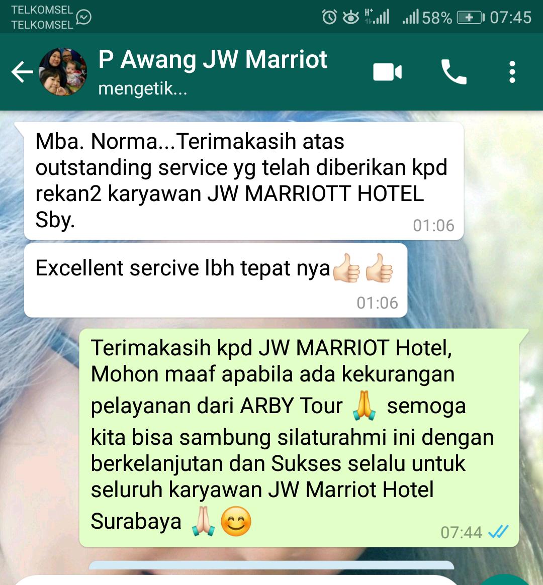 Testimoni Mr Awang - Hotel JW Marriot Surabaya Atas Pelayanan ARBY Tour & Travel