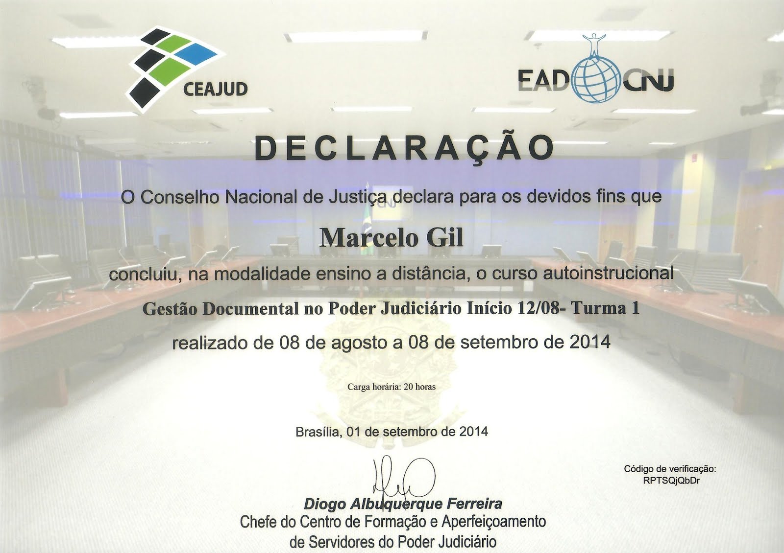 CERTIFICADO DO CONSELHO NACIONAL DE JUSTIÇA CONCEDIDO À MARCELO GIL / 2014