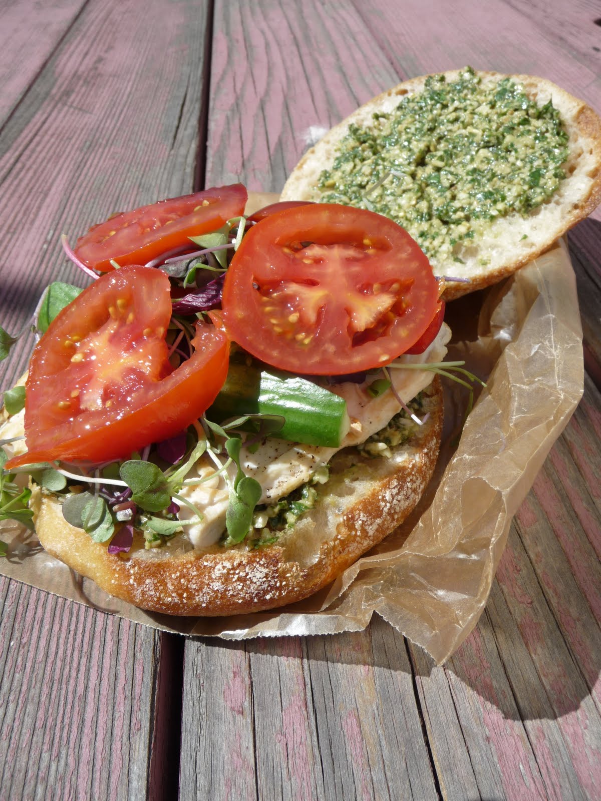The Joy of Winging It Chicken Pesto Ciabatta Sandwich