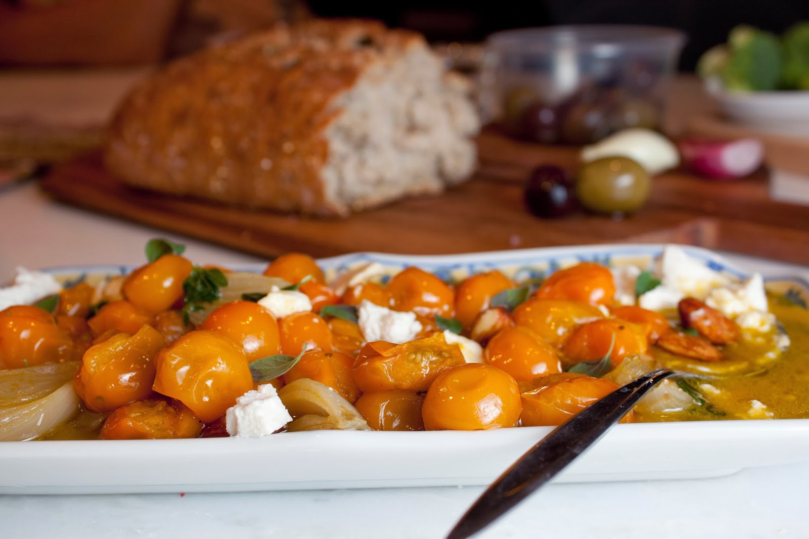 Fat and Happy Blog Olive Oil Poached Orange Tomatoes with Honey Goat