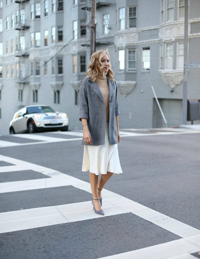 Grey Herringbone Coat Camel Cableknit Turtleneck