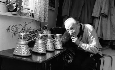 21st April 1965:  British actor, William Hartnell (1908 - 1975) at home in Mayfield, Sussex with four miniature model Daleks - arch enemies of Hartnell's character Dr Who in the BBC's science-fiction series of the same name. Hartnell was the first of a series of actors to play the role.  (Photo by Chris Ware/Keystone Features/Getty Images)
