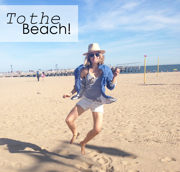 To the Beach, Coney Island Beach, Brooklyn New York, Straw Hat, Blue and white, H&M, Gap, Hip hip hurray jump To the Beach, Coney Island Beach, Brooklyn New York, Straw Hat, Blue and white, H&M, Gap, Hip hip hurray jump