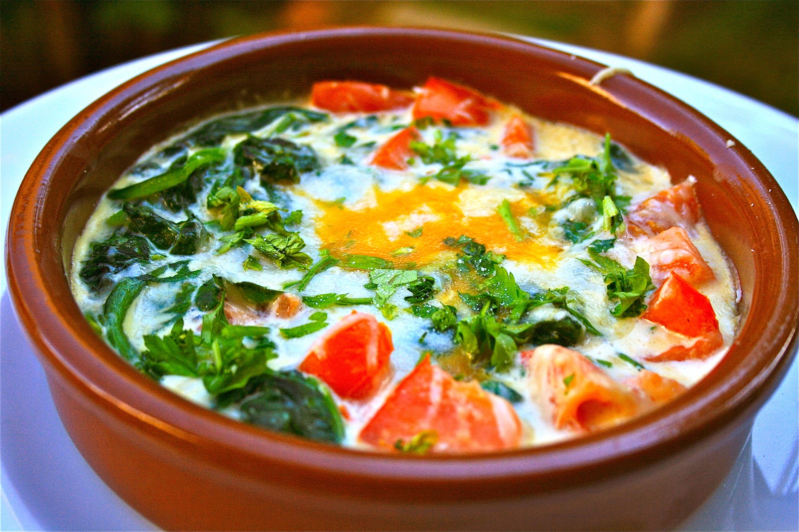 Johnny's Kitchen Baked Eggs with Spinach Tomato and Parmesan Cream