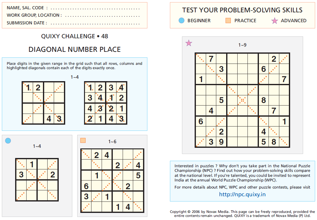 DIAGONAL NUMBER PLACE or DIAGONAL SUDOKU (QC48)Fun With Puzzles