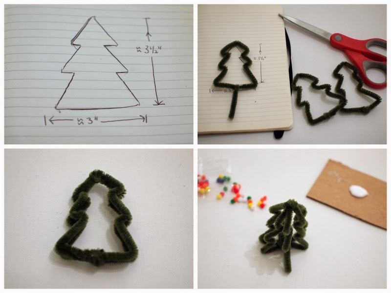 Make mini Christmas trees from Pipe Cleaners and Cardboard Pink