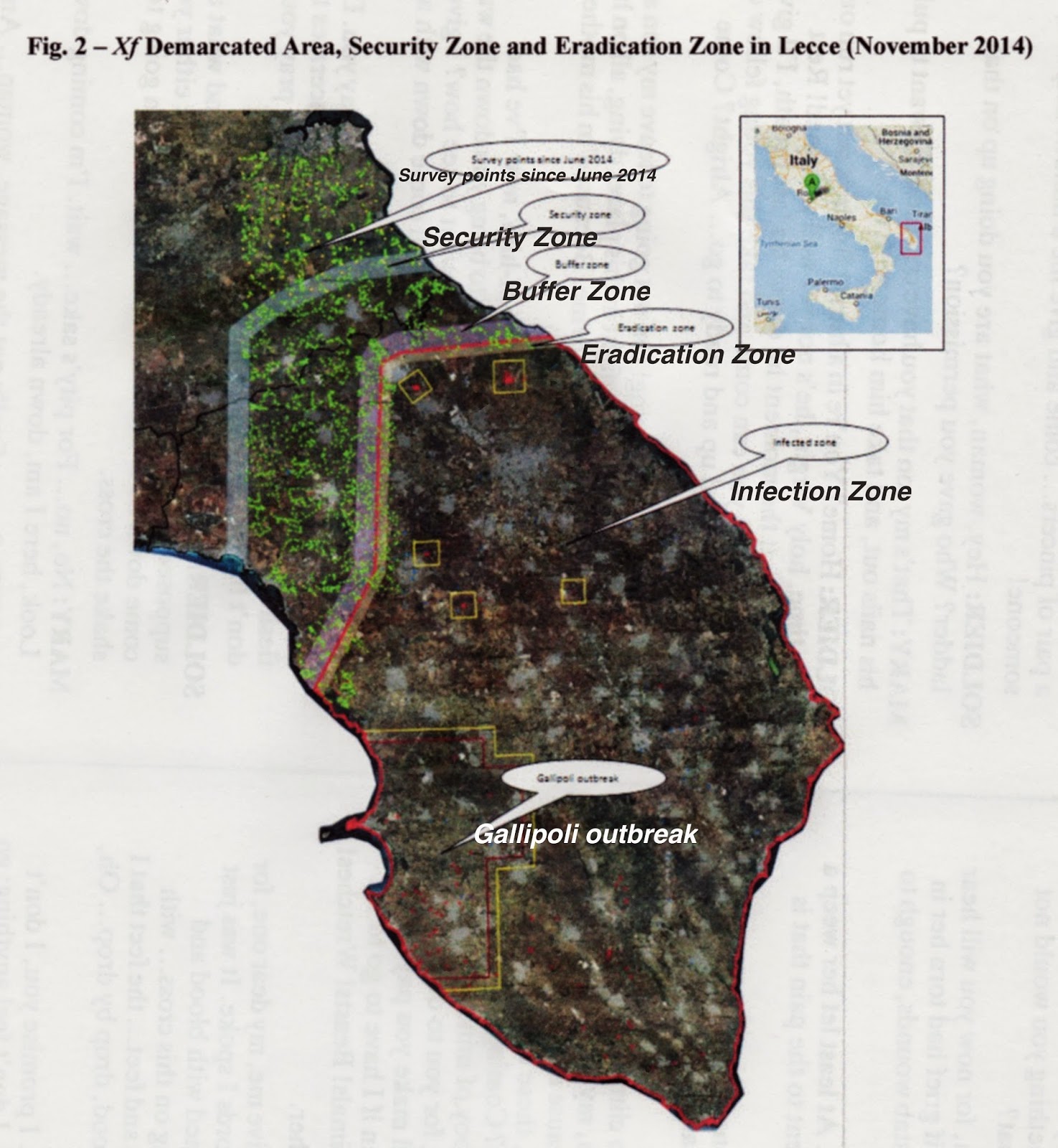 the areas indicated moving south to north gallipoli outbreak infected zone eradication zone buffer zone security zone survey points since june 2014 the areas indicated moving south to north gallipoli outbreak infected zone eradication zone buffer zone security zone survey points since june 2014