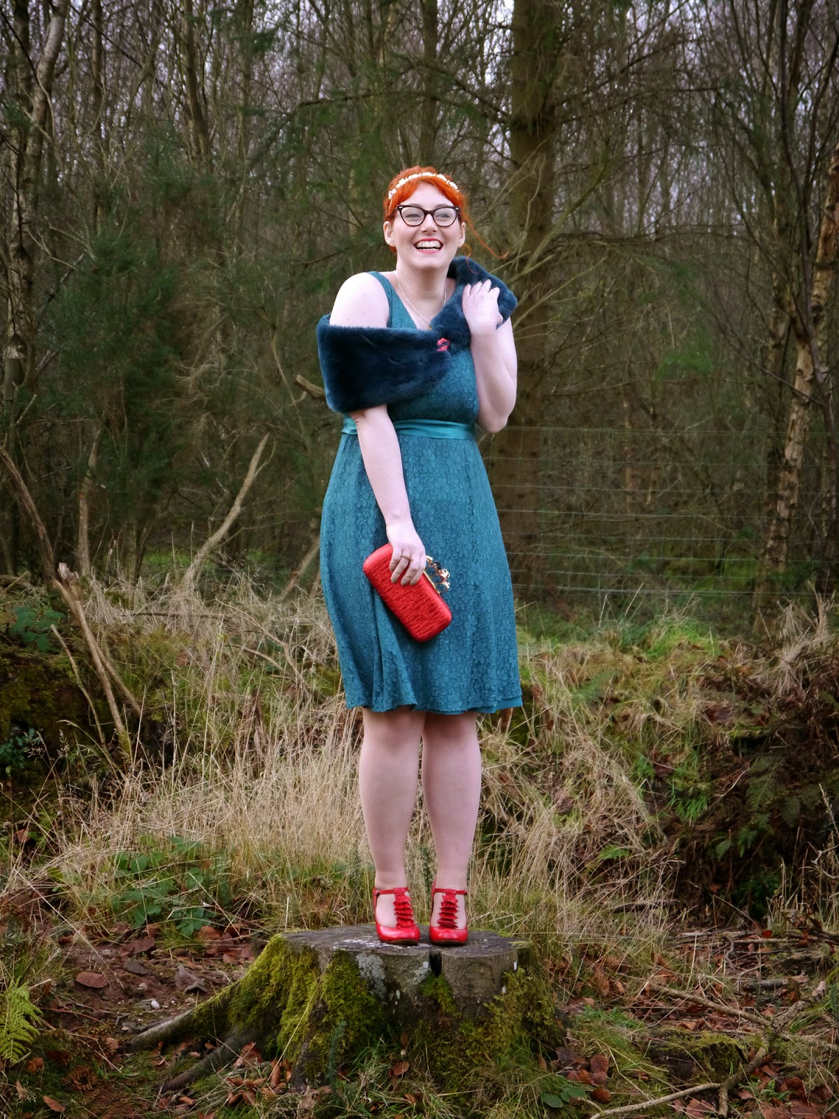 Unlikely Style Icon Christmas Tree Christamas outfit, Christmas inspiration, Christmas tree outfit, scottish blogger, photo story, Monsoon dress, faux fur scarf, Topshop flower crown, red accessories, TK Maxx clutch bag, I Love Crafty glitter cat ring, Red heels, Warehouse leopard print coat, Cheap Frills necklaces, Rock Cakes lips brooch, Barry M Christmas Tree nail polish,