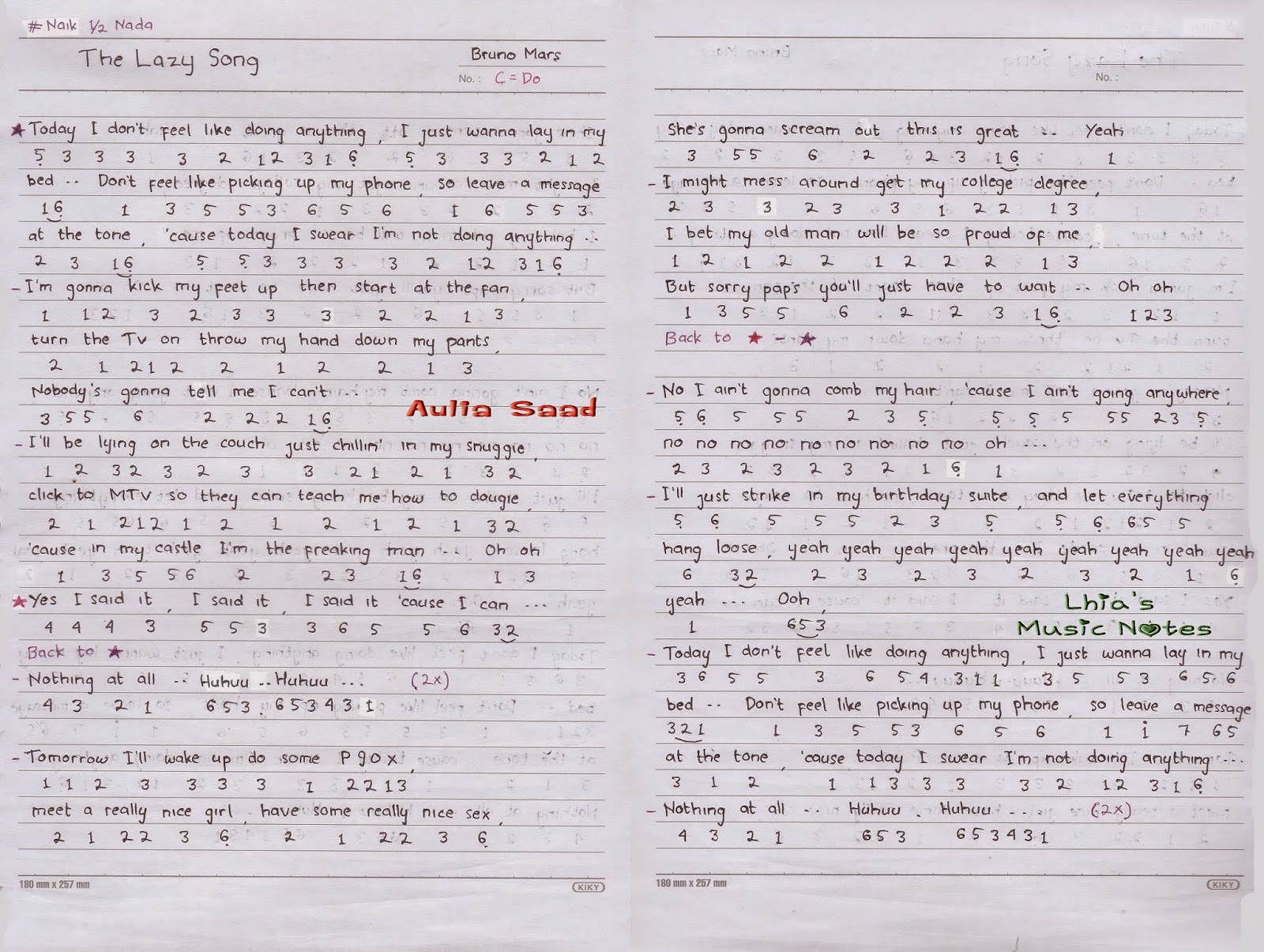 Not Angka : Bruno Mars - The Lazy Song | Aulia's World