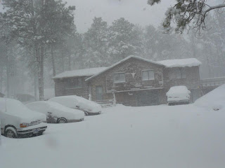 Vehicles parked near hobby farm home in blizzard photo by Lee Alley