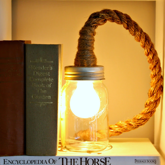 Make a cool mason jar rope light in a jiffy! By Vintage Prairie featured on I Love That Junk