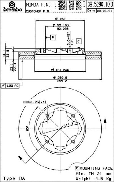 Brake Disc Honda ACCORD CIELO, MAESTRO (09.5290.14)