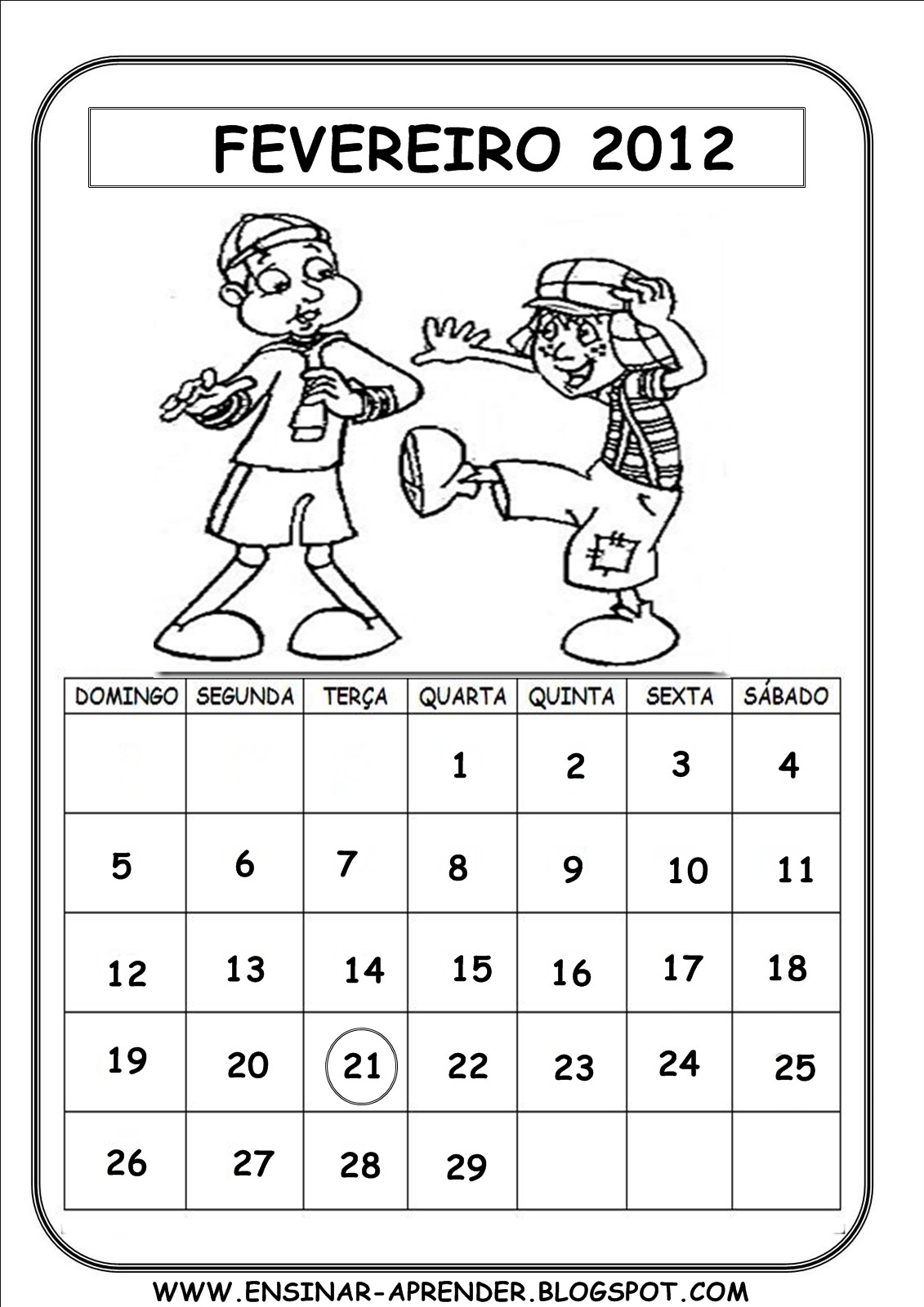 Calendario Em Ingles Fevereiro