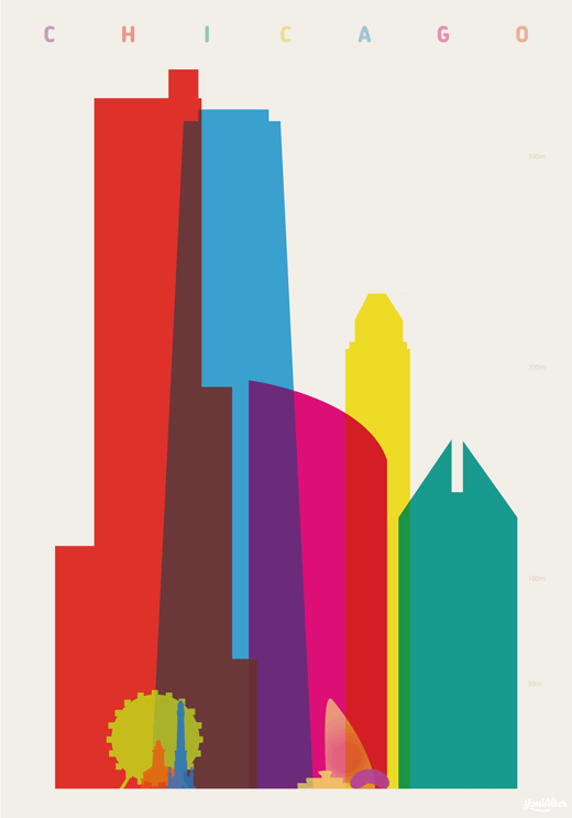 yoni alter ilustração cidades minimalistas ponto turísticos cores silhuetas prédios chicago