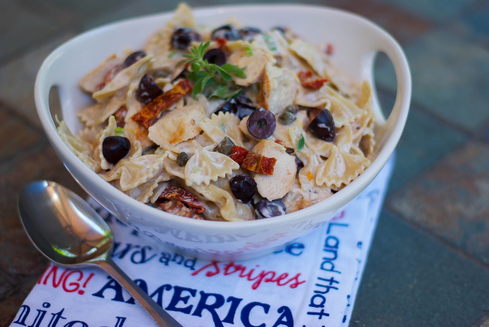 Grilled Chicken Pasta Salad with Kalamata Olives, Capers and Sun Dried