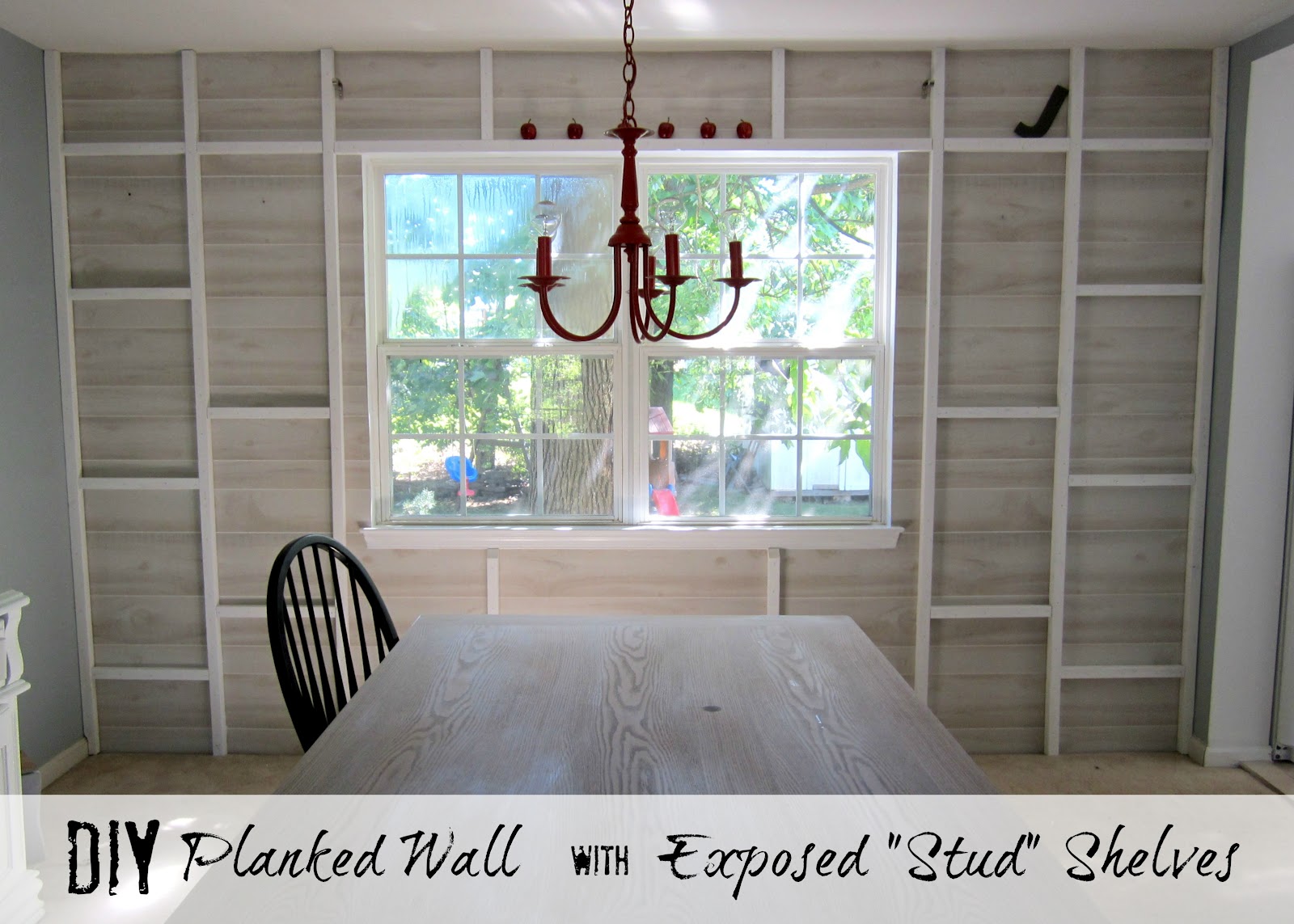 Planked Wall with Exposed Stud Shelving Tutorial | East Coast Creative Planked Wall with Exposed Stud Shelving Tutorial | East Coast Creative