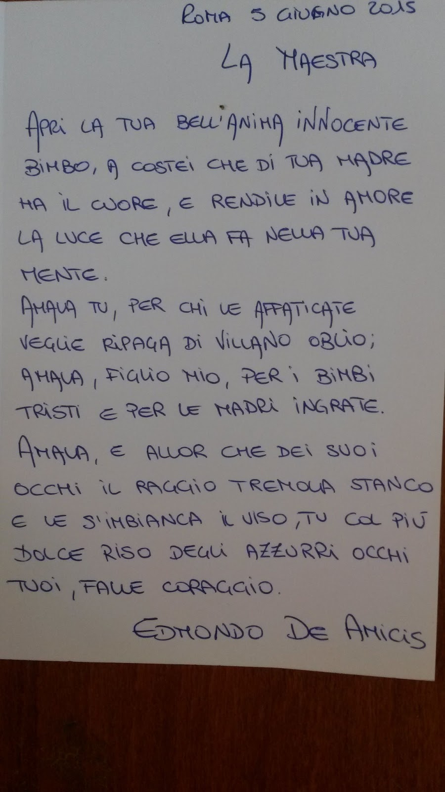 Giorgio Gibertini Jolly Hanno Regalato A Mia Moglie La Poesia La Maestra Di Edmondo De Amicis Gratitudine E Fierezza