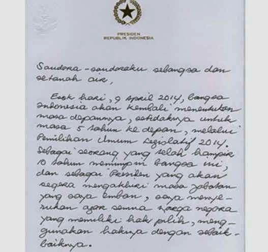 Surat Ajakan, Pengakuan dan Harapan Presiden RI Jelang Pencoblosan