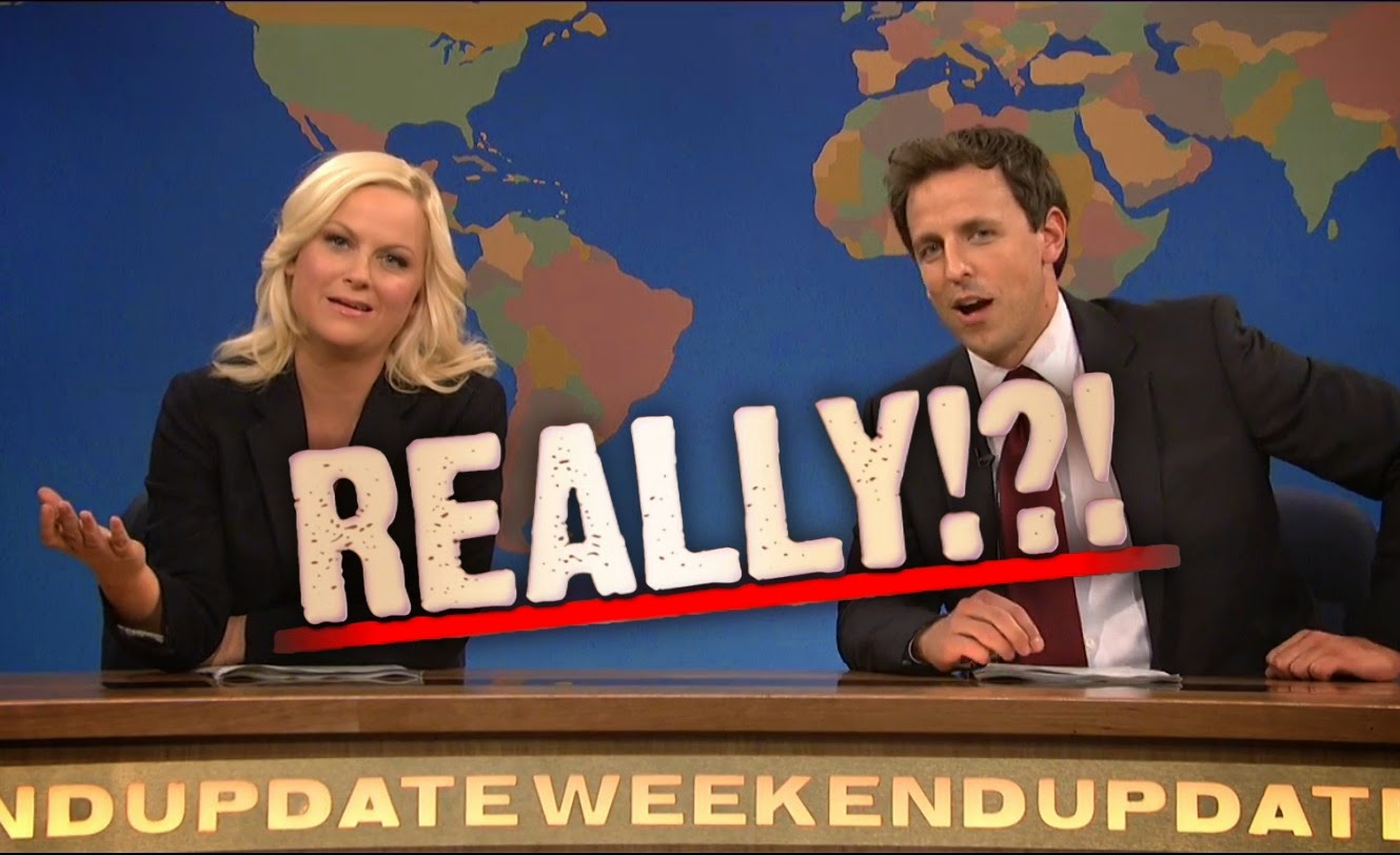 Photo of Amy Pohler and Seth Meyers on the Weekend Update set, with the word "REALLY!?!" superimposed