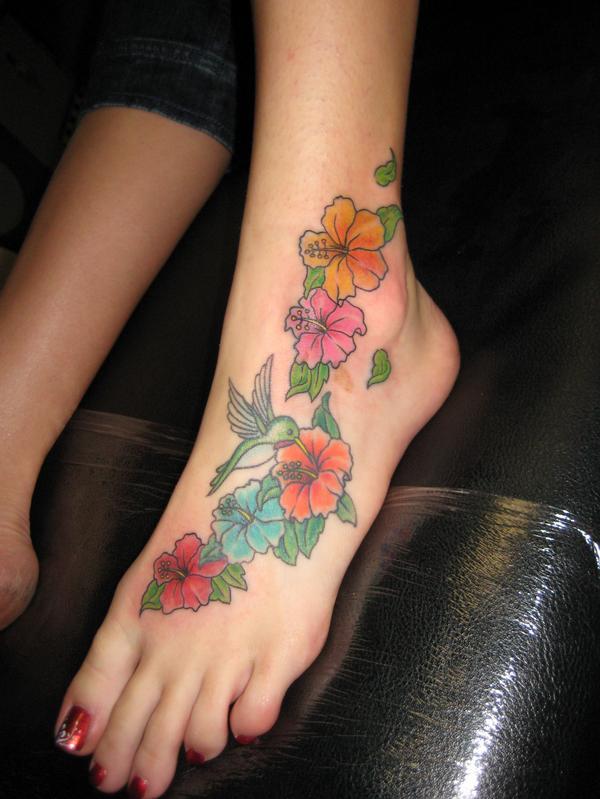 Hawaiian Flower Tattoos For Girls Design on Foot and Back Body