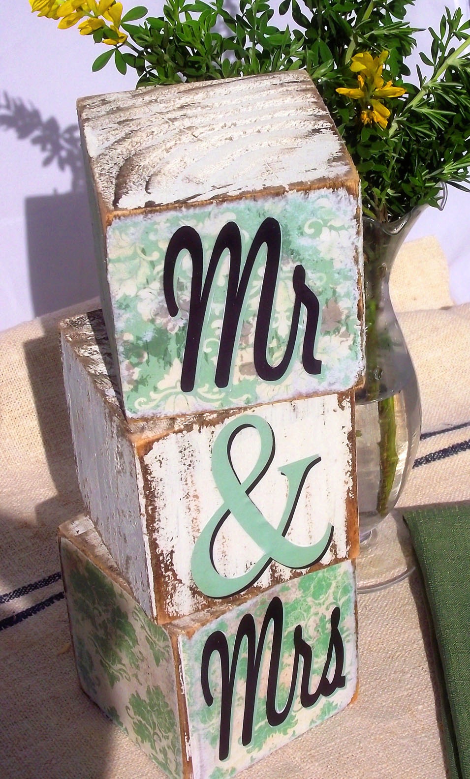 DIY wedding decor Mr and Mrs blocks Mod Podge Rocks