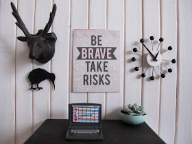 A modern dolls' house miniature desk scene in white, black and mint. On the wall above the desk is a plastic stag's head, a kiwi cutout, an atomic-age clock and a poster saying 'Be brave take risks.'