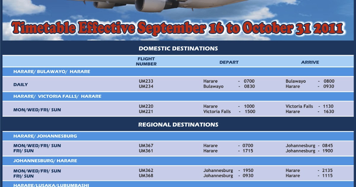 The Timetablist Air Zimbabwe Schedule, September 2011