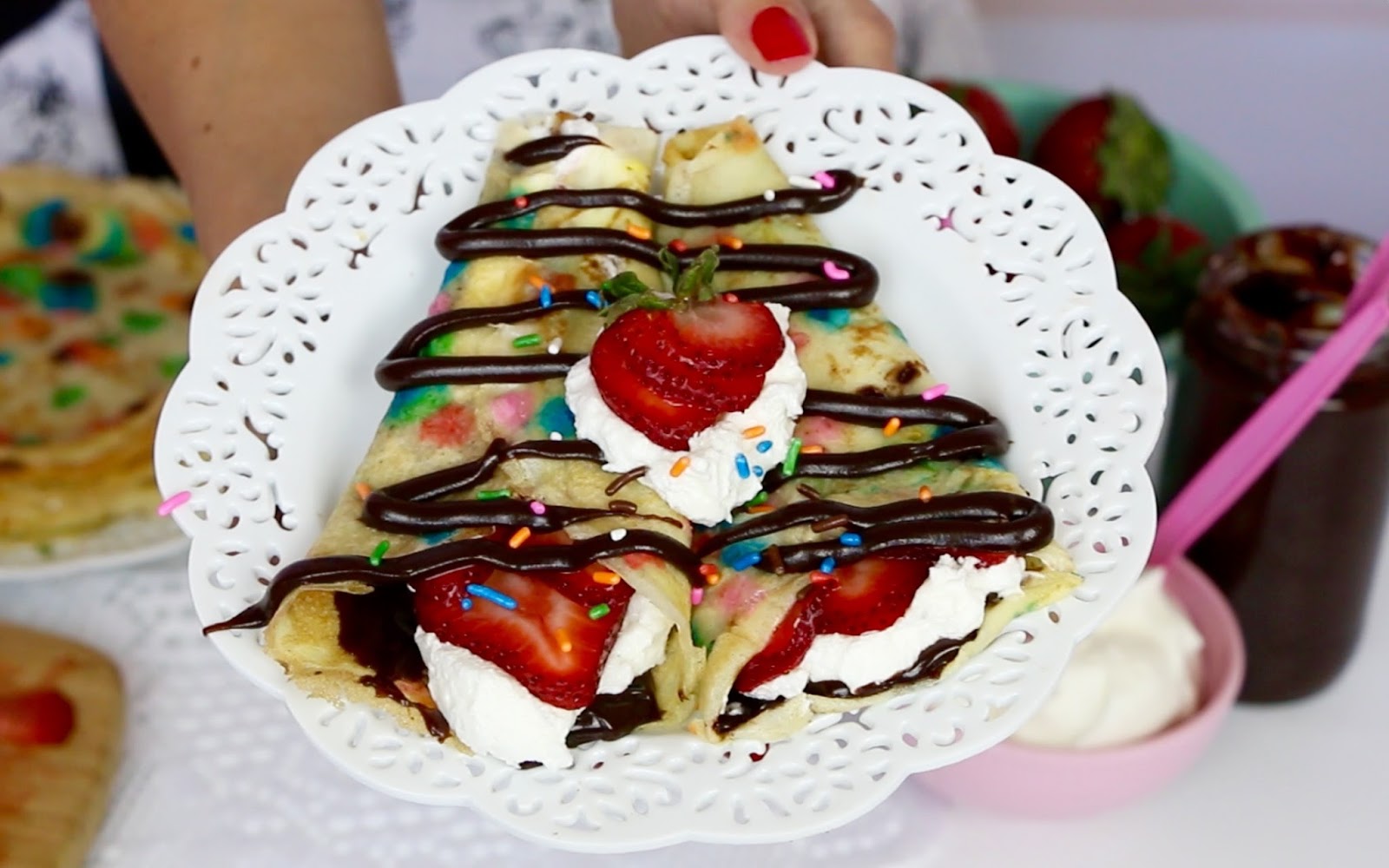 {VIDEO} Sprinkle Dessert Crêpes Filled with Chocolate, Strawberries