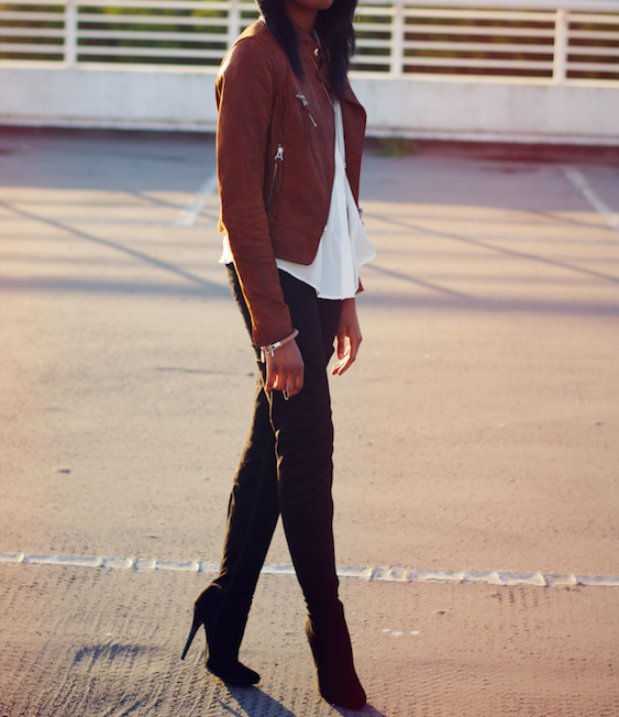 nia a from inch 2 the point tan leather jacket and suede over the knee boots