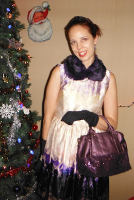 Joe Fresh Dress, Forever 21 Faux Fur Collar, Fergie Suede Shoes, Feather Headband from Winners, H&M gloves, Sparkle purse deux lux, retro style, fashion, New Years Eve,Toronto, Canada, Swaroski heart earrings, Le Chateau Bracelet 