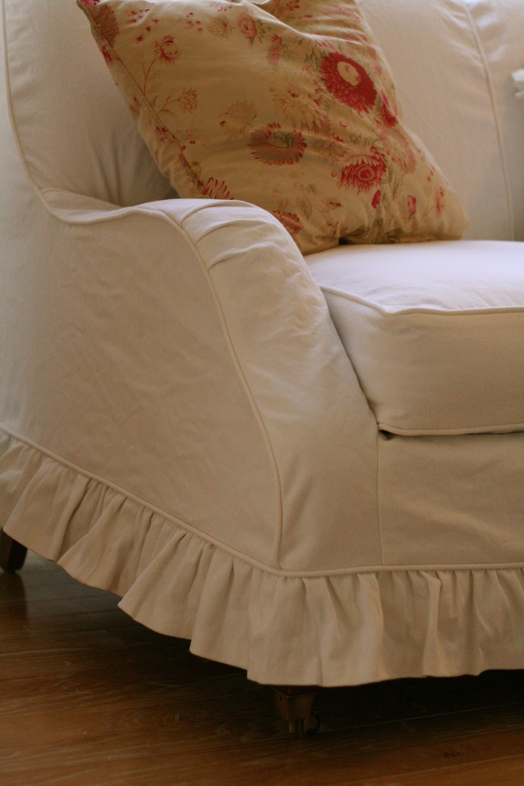White Denim Loveseat With Ruffled Skirt Slipcovers By Sey