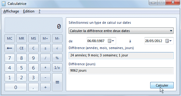 capture d'écran Windows - Calculatrice et calcul de dates