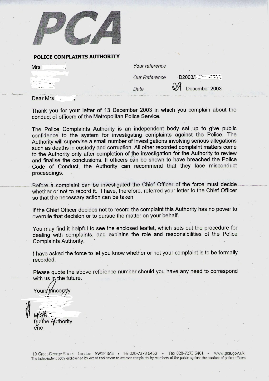 How Police Complaints Authorites handled the case