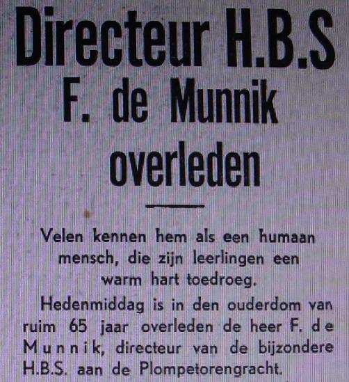 Directeur F. de Munnik overleden op 30 januari 1937