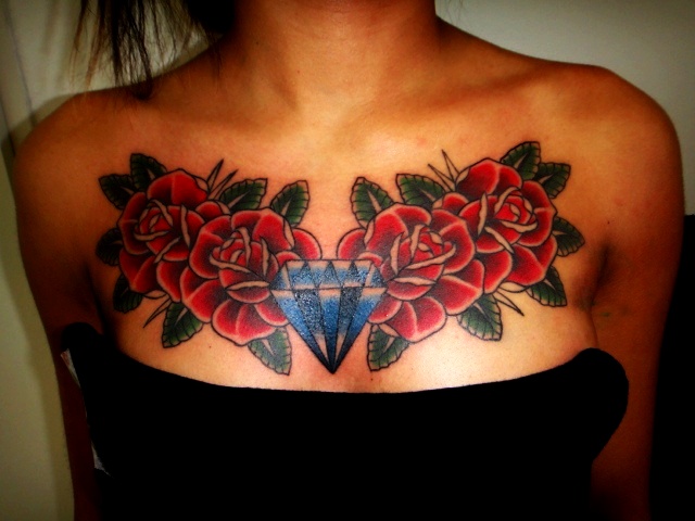 Tattoos By Dave Vartan Roses Diamond Chest Piece Chest Tattoo Pieces Tattoo Chest Piece Tattoos
