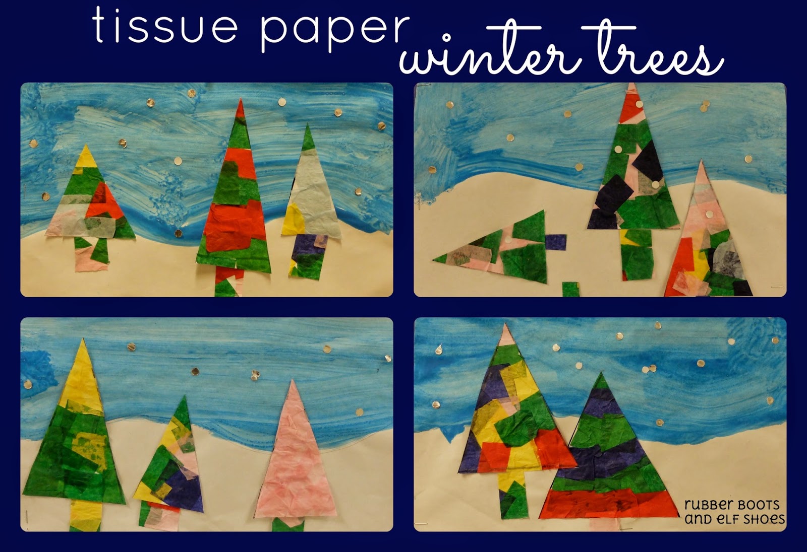 colourful tissue paper winter trees rubber boots and elf shoes